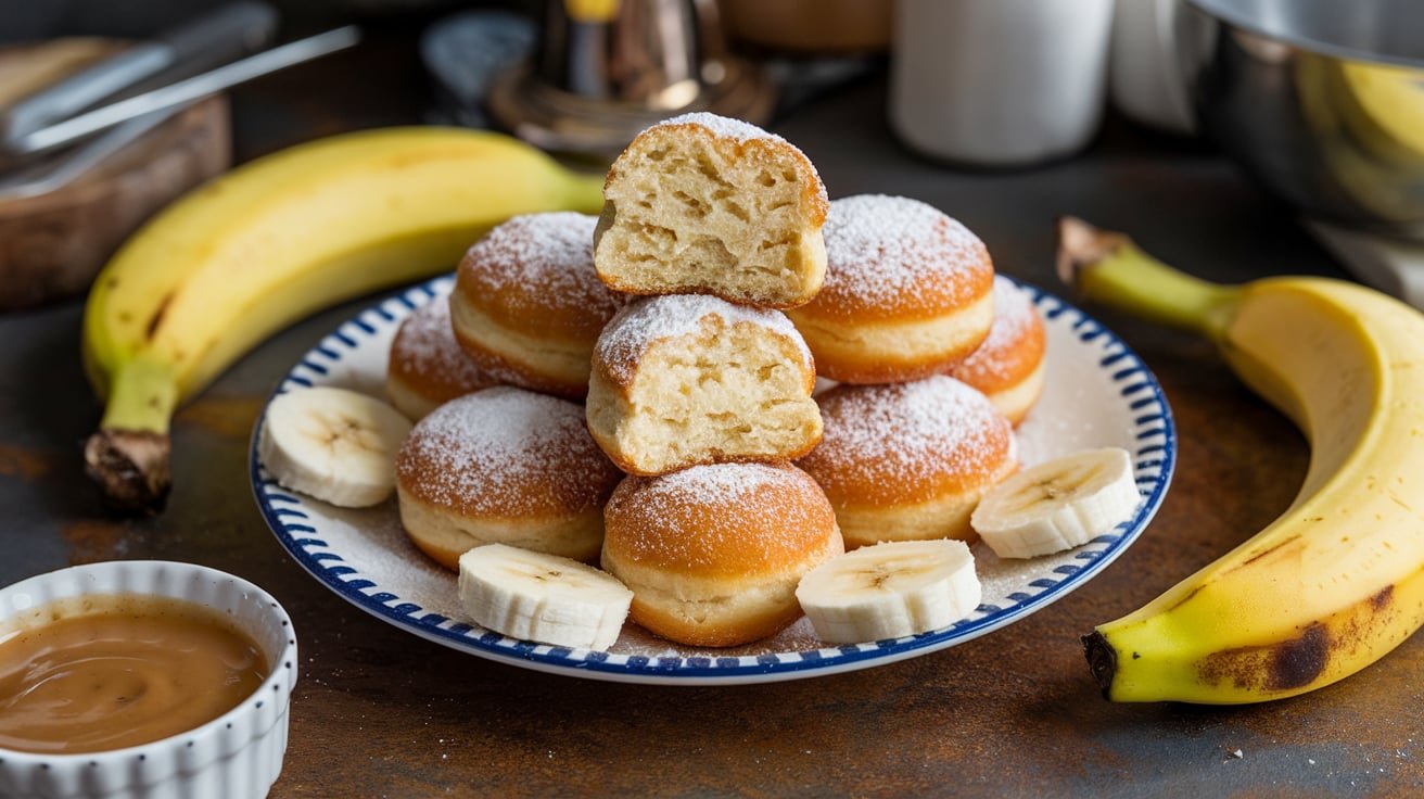 Delicious 2-ingredient banana donut holes on a plate with a creamy dip and fresh bananas in the background.
