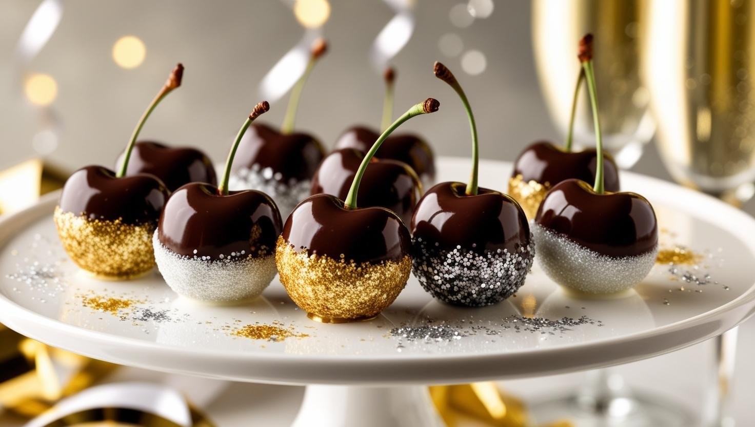 A close-up of chocolate dipped cherries arranged on a plate, with champagne flutes in the background.