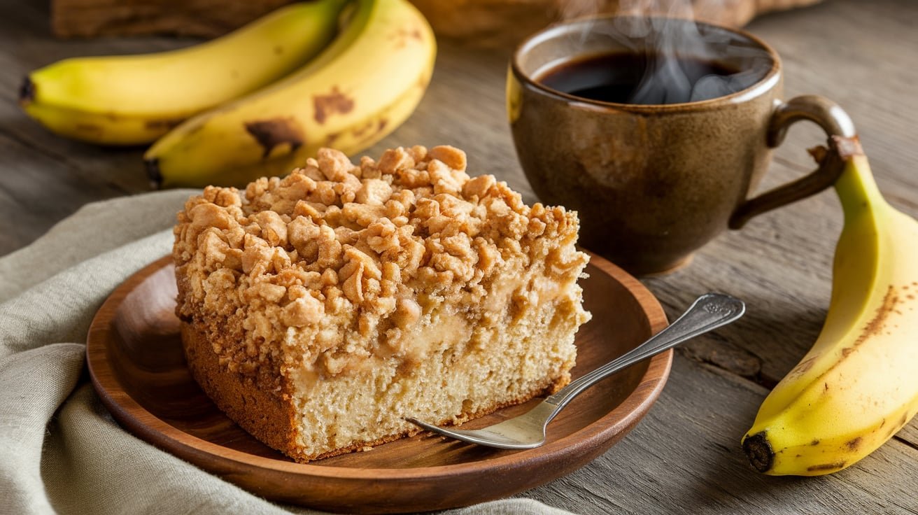 A slice of banana crumb coffee cake with streusel topping on a wooden plate, with fresh bananas and a cup of coffee in the background.