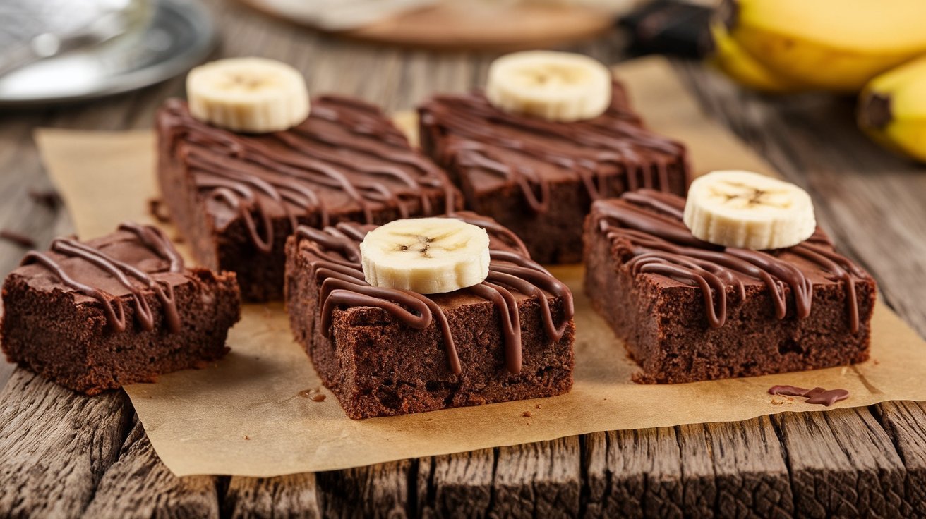 Delicious banana bread brownies drizzled with chocolate and topped with banana slices.