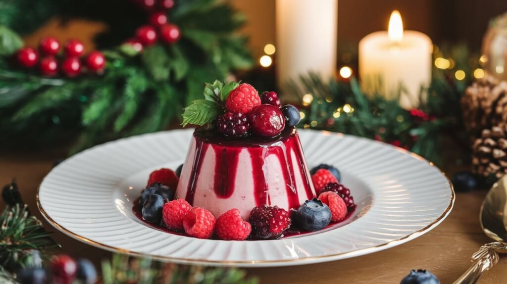 A beautifully presented berry panna cotta topped with fresh raspberries and blueberries, drizzled with a red berry sauce, surrounded by more berries.