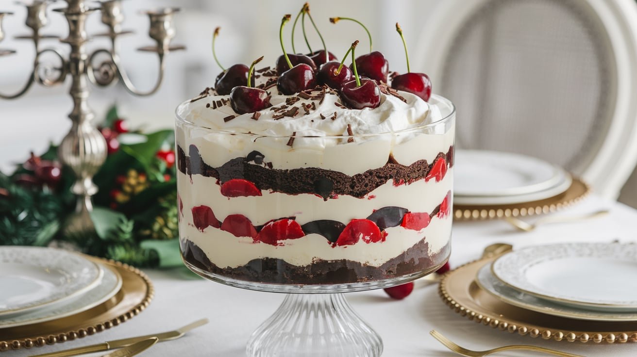 A delicious Black Forest trifle with layers of chocolate cake, cream, and cherries.