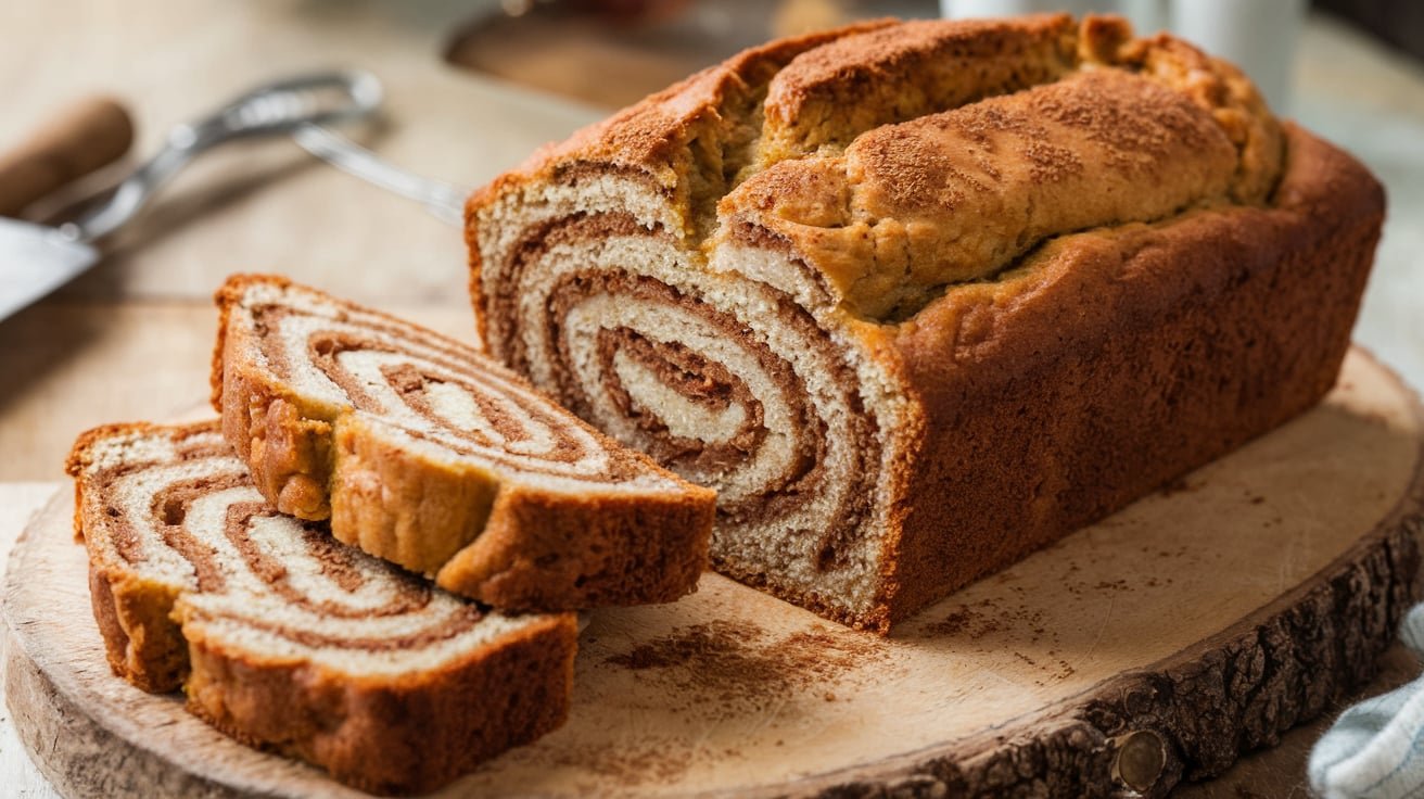 Cinnamon Swirled Banana Bread on a cutting board with bananas in the background.