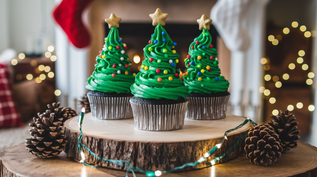 Christmas Tree Cupcake Cake with green frosting, colorful sprinkles, and a chocolate star, arranged on a festive table with holiday decor.