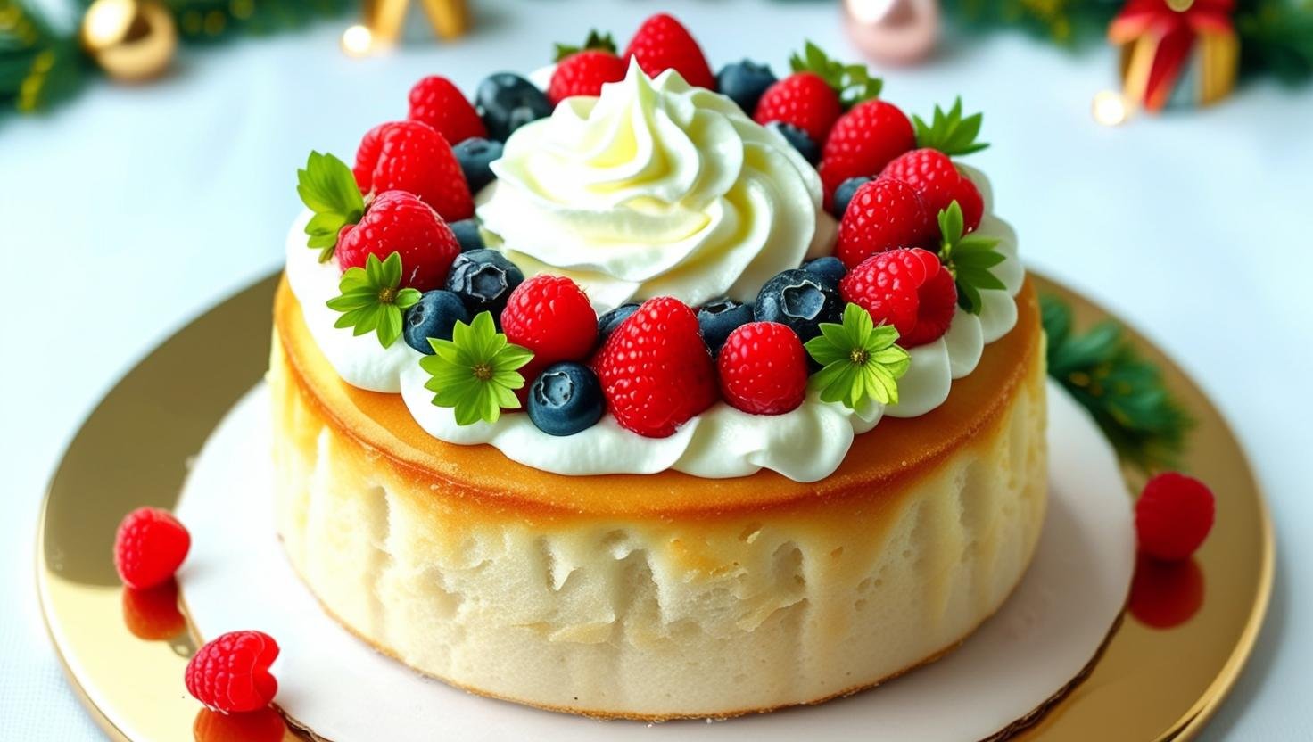 A light and fluffy Christmas angel food cake topped with fresh berries and whipped cream, surrounded by festive decorations.
