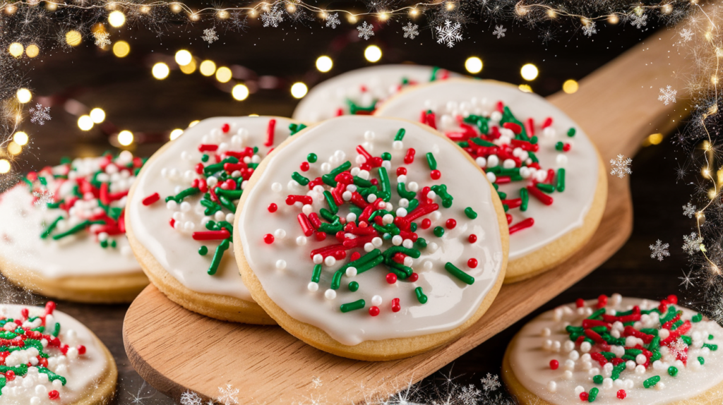 A plate of freshly baked Christmas sprinkles sugar cookies with rainbow sprinkles on top, placed on a festive table decorated for the holidays.