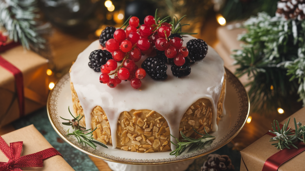 A beautifully decorated Christmas fruitcake topped with icing and colorful fruit, surrounded by festive decorations.