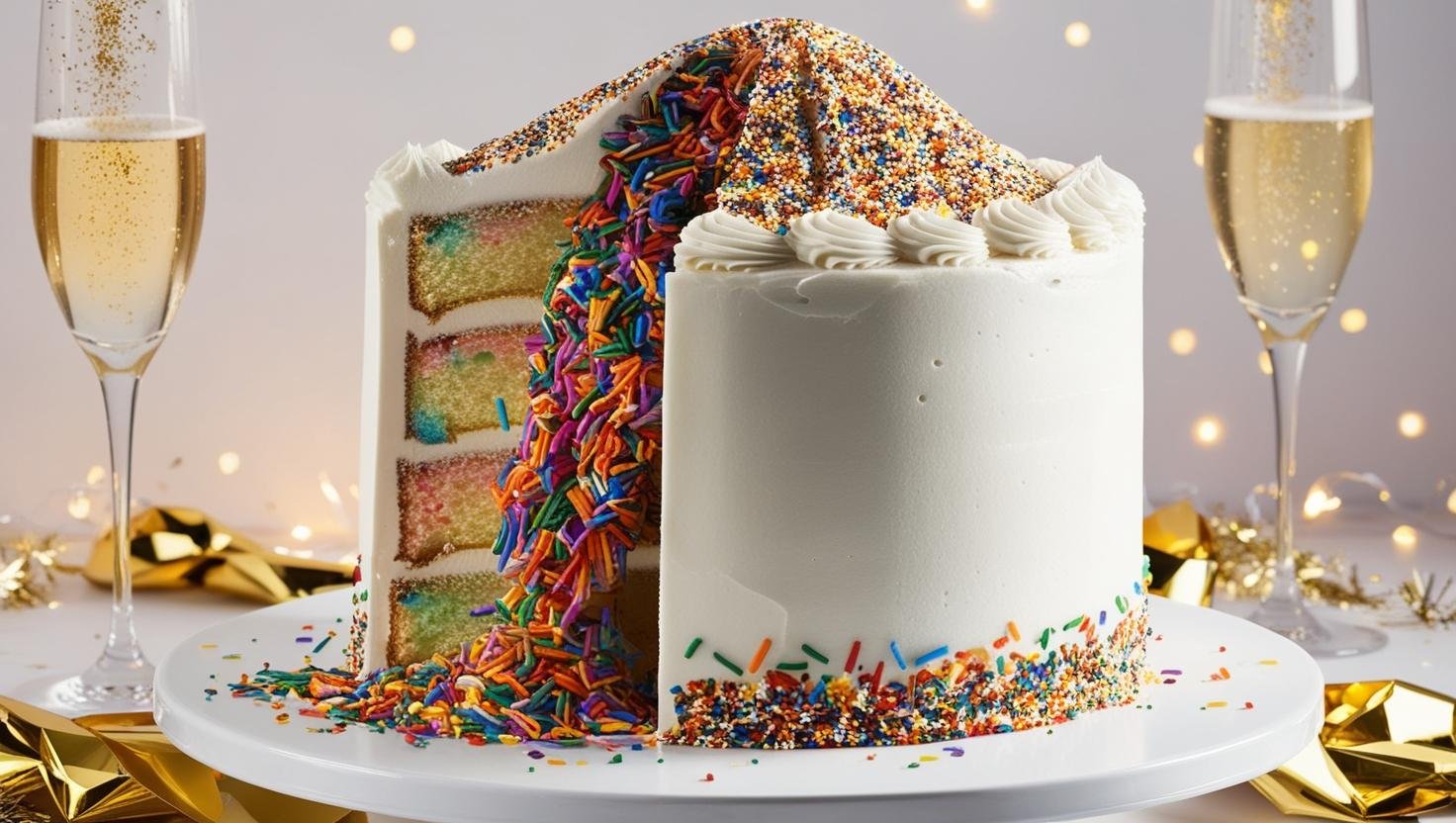 A beautifully decorated cake with colorful sprinkles inside, surrounded by champagne glasses and festive decorations.