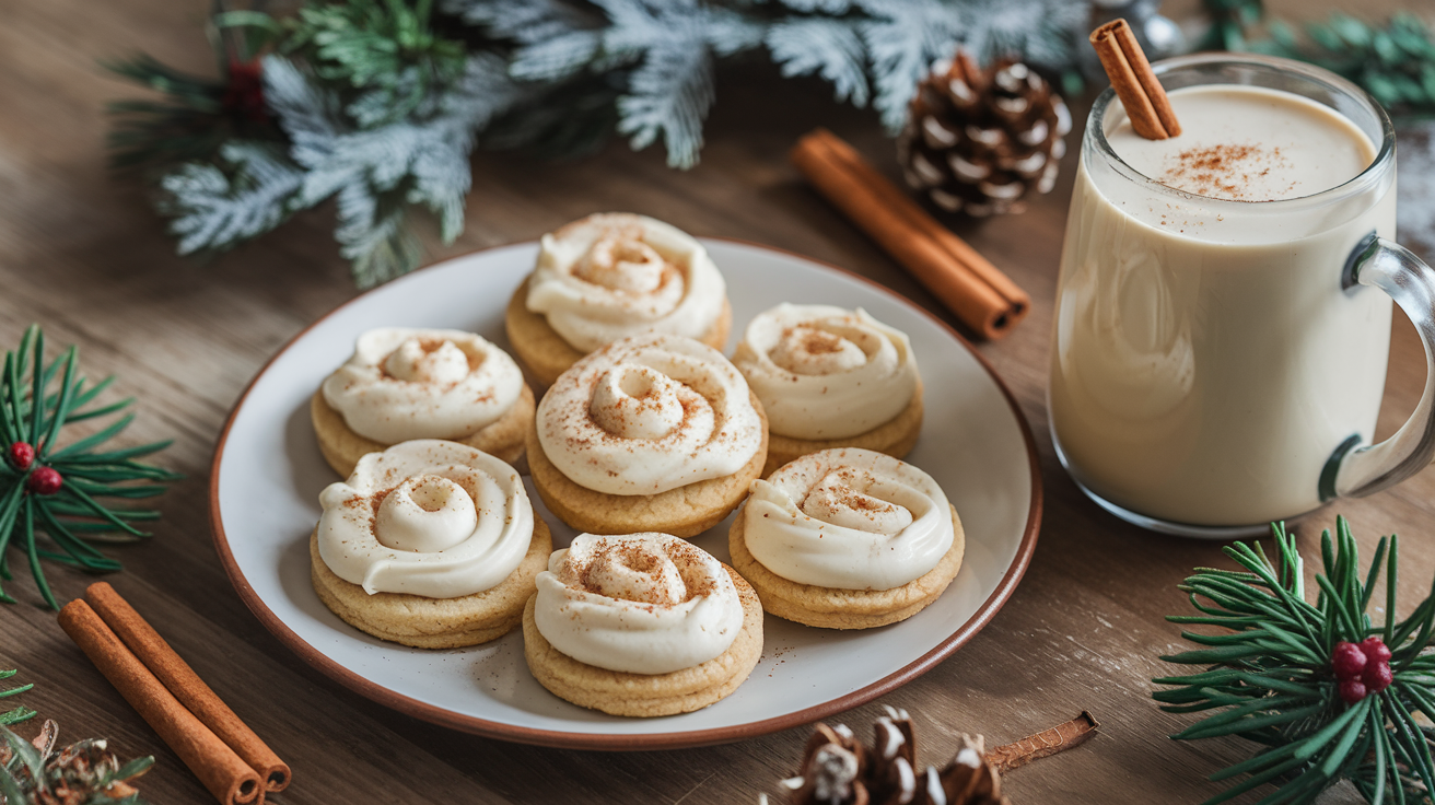 A plate of Eggnog Thumbprint Cookies topped with creamy swirled eggnog frosting and a dusting of nutmeg, placed next to a warm mug of eggnog and surrounded by holiday decorations like pinecones and greenery.