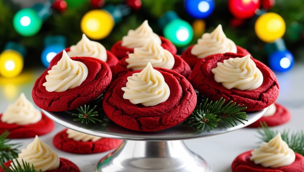 A high-resolution image of red velvet cookies topped with swirls of creamy white frosting, surrounded by colorful Christmas lights in green, yellow, and blue. Evergreen sprigs are placed around the cookies, and the vibrant scene is set on a silver stand, creating a festive and inviting holiday atmosphere.