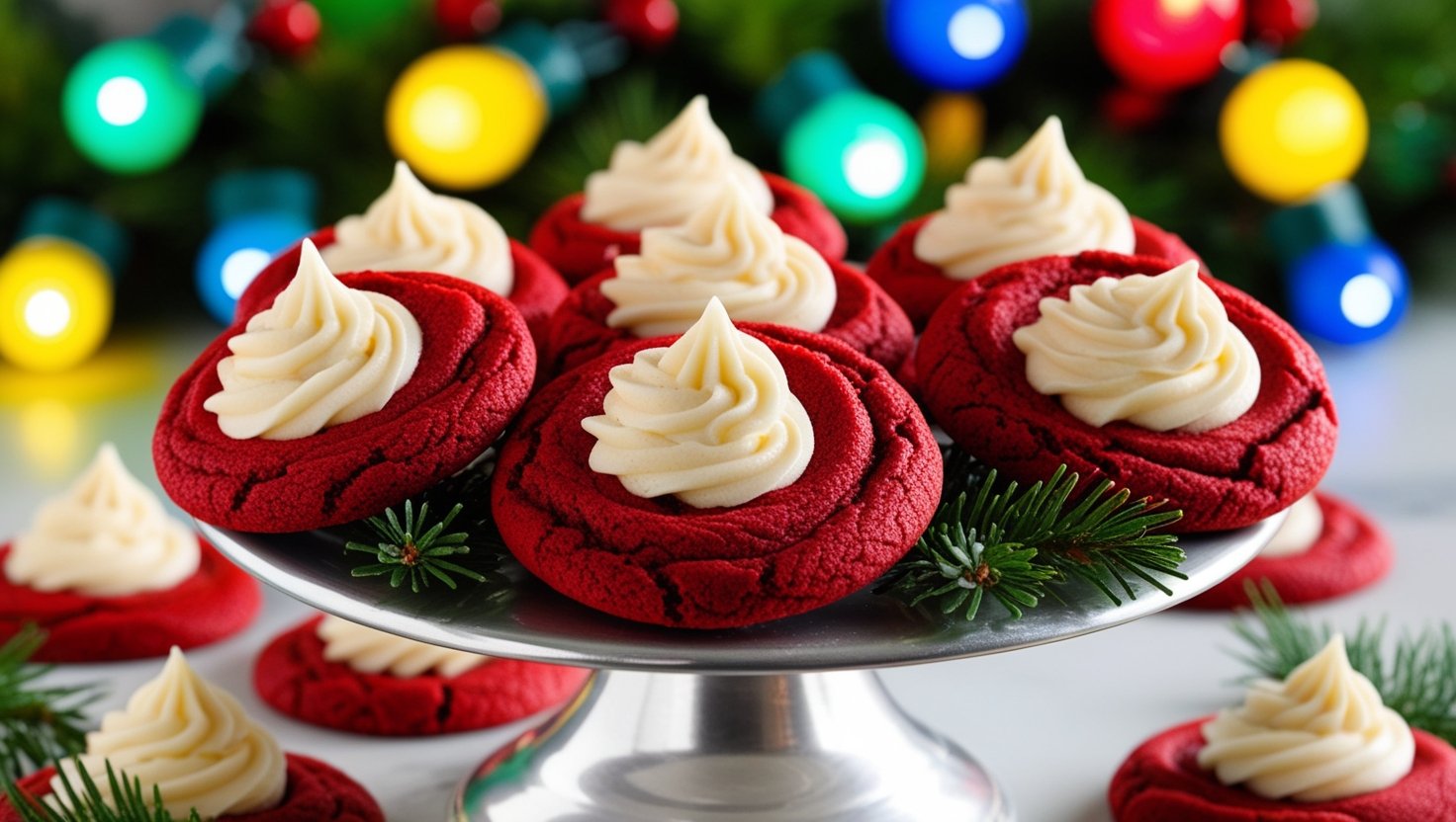A high-resolution image of red velvet cookies topped with swirls of creamy white frosting, surrounded by colorful Christmas lights in green, yellow, and blue. Evergreen sprigs are placed around the cookies, and the vibrant scene is set on a silver stand, creating a festive and inviting holiday atmosphere.