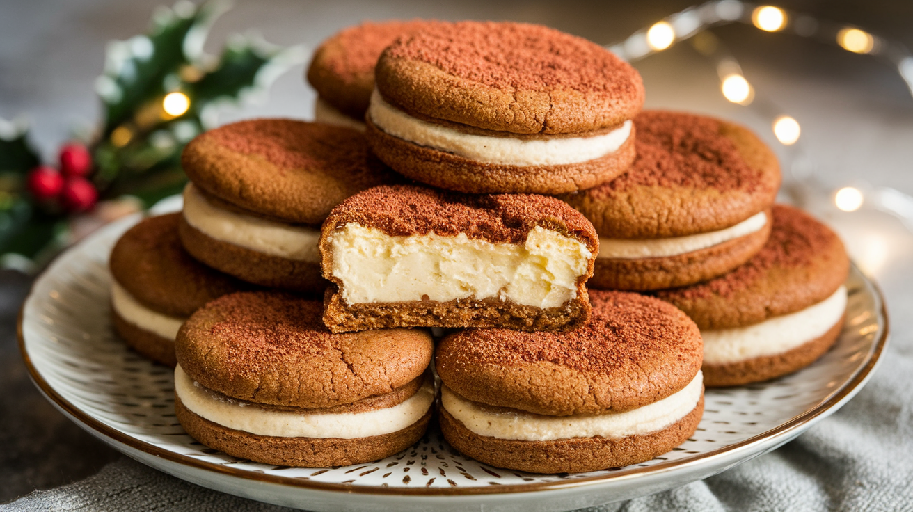 A plate of golden-brown Gingerbread Cheesecake Cookies, dusted with cinnamon sugar. Some cookies are cut open, showing the creamy cheesecake filling inside. The plate is set against a cozy, festive background with holiday decorations and soft twinkling lights.