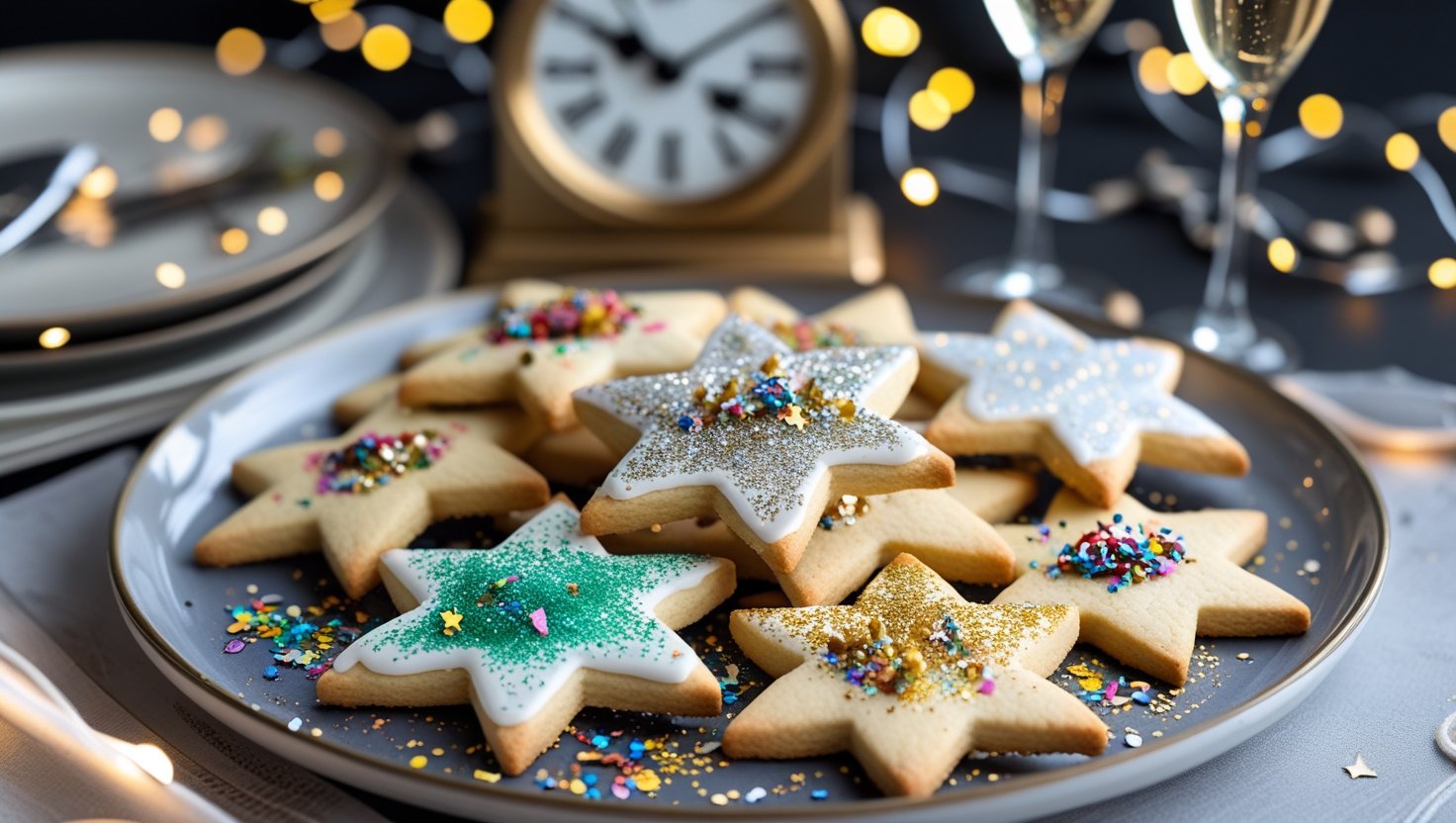 A platter of glittery star cookies with colorful sprinkles and a glass of champagne