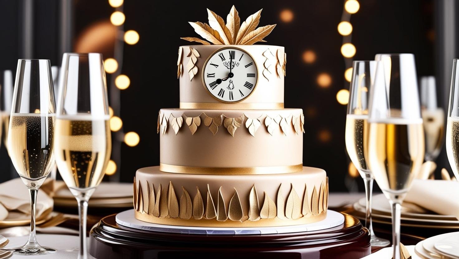 A beautifully decorated cake shaped like a clock, signifying New Year's Eve, with champagne glasses beside it.