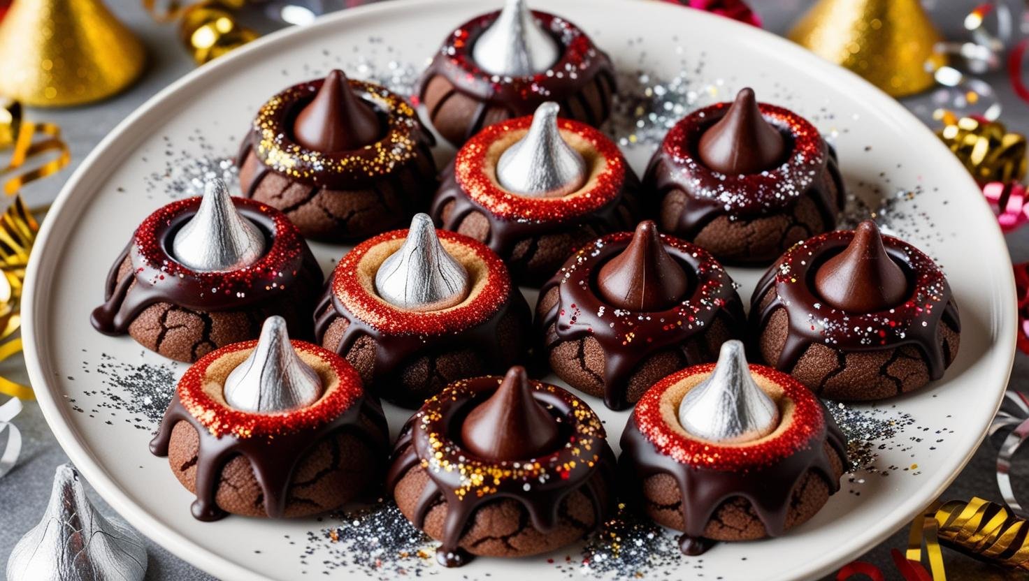A plate of Midnight Kiss Cookies decorated with chocolate and colorful sprinkles, surrounded by festive confetti.