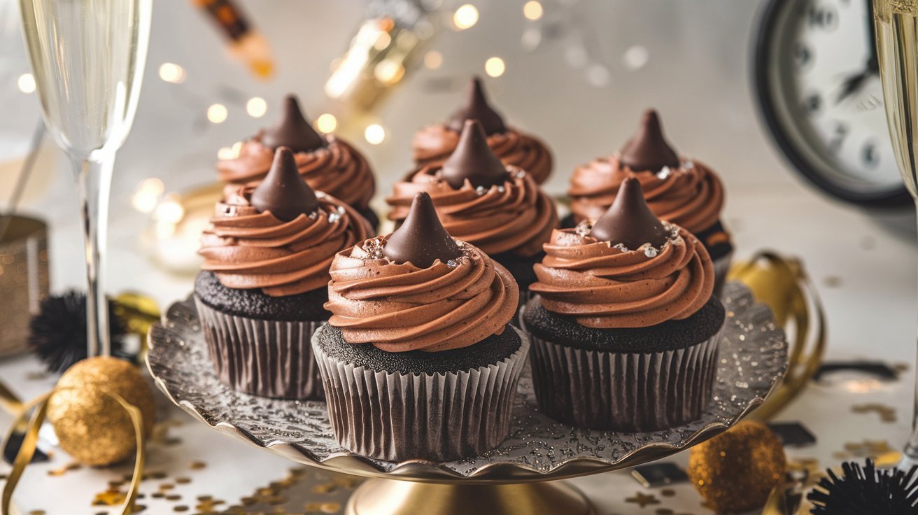 A plate of Midnight Kiss Cupcakes topped with chocolate frosting and a chocolate kiss, set against a festive background