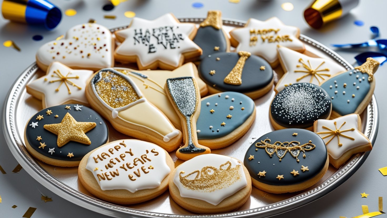A silver platter filled with beautifully decorated New Year’s Eve cookies in festive shapes like stars and champagne glasses, adorned with glittering sprinkles and edible glitter. The platter is surrounded by party props, including colorful confetti and noisemakers, creating a joyful and celebratory atmosphere.