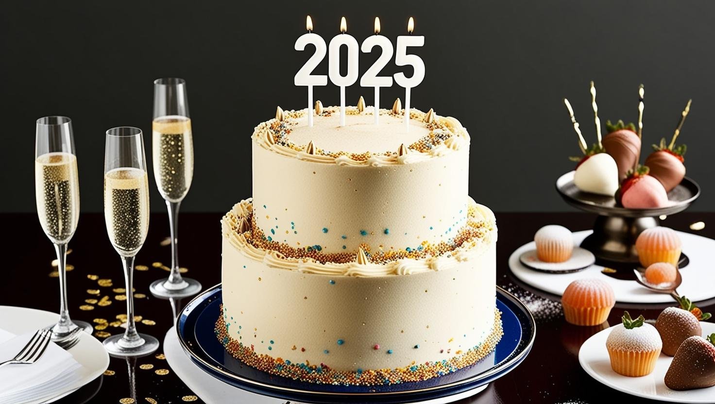 A beautiful New Year's Eve countdown cake decorated with colorful sprinkles and topped with the numbers 2025 and sparklers.