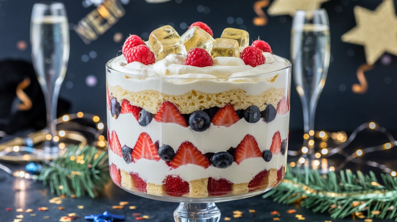 A festive trifle dessert with layers of cream, berries, and cake, surrounded by champagne glasses.