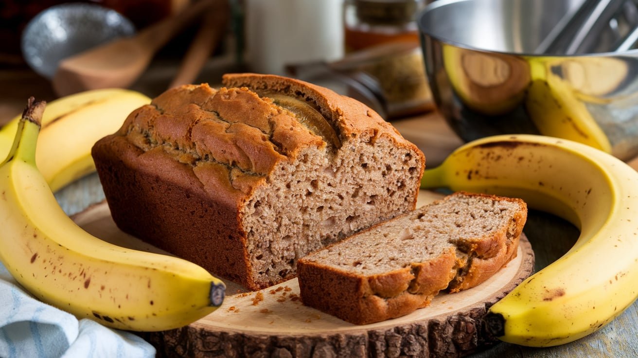 A loaf of moist banana bread sliced, with fresh bananas and bowls in the background