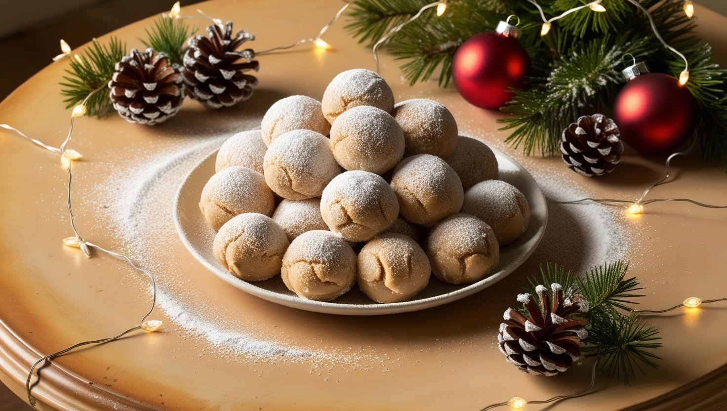 A plate of Peanut Butter Snowballs dusted with powdered sugar, with some greenery and red berries around.