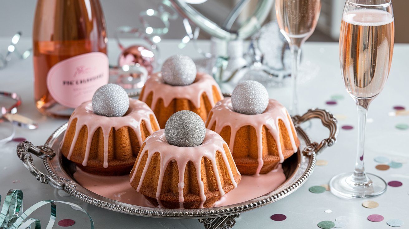 A platter of pink champagne mini bundt cakes decorated with a shiny glaze and silver toppers, with a glass of pink champagne in the background.