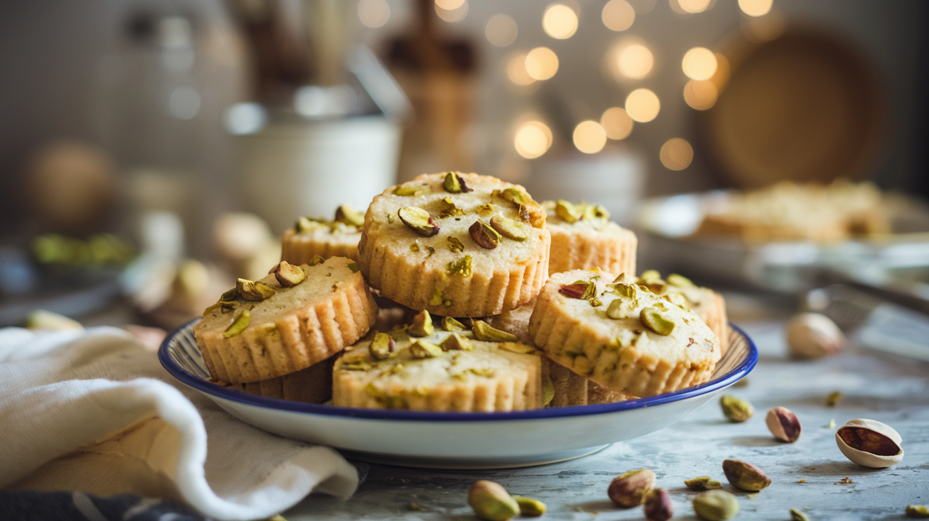 plate of freshly baked pistachio shortbread cookies, golden brown with visible pistachios, surrounded by scattered pistachios. The background is a softly blurred kitchen setting with utensils and ingredients, creating a cozy baking atmosphere.