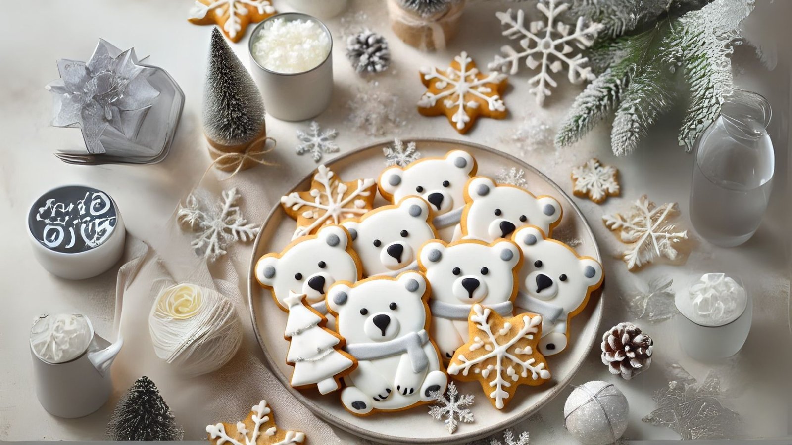 A winter-themed plate featuring a large polar bear-shaped sugar cookie decorated with white icing, a gray scarf, black fondant details for the eyes and paws, surrounded by snowflake cookies, frosted pine branches, and small snow-dusted Christmas trees.