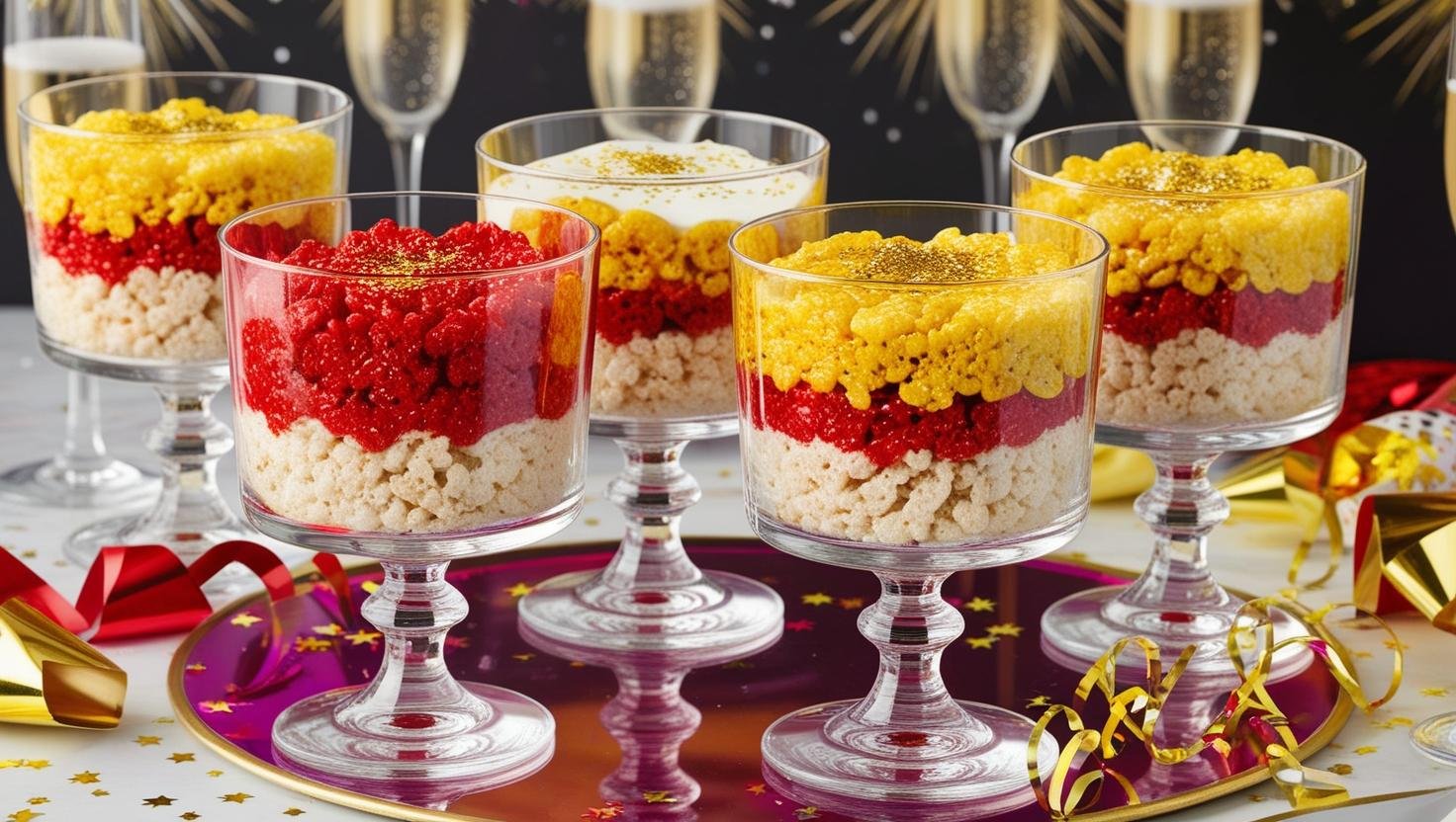 colorful New Year’s Eve Rice Krispie Treats shaped like champagne flutes, sprinkled with edible glitter, displayed on a festive table with party decorations and sparkling lights in the background