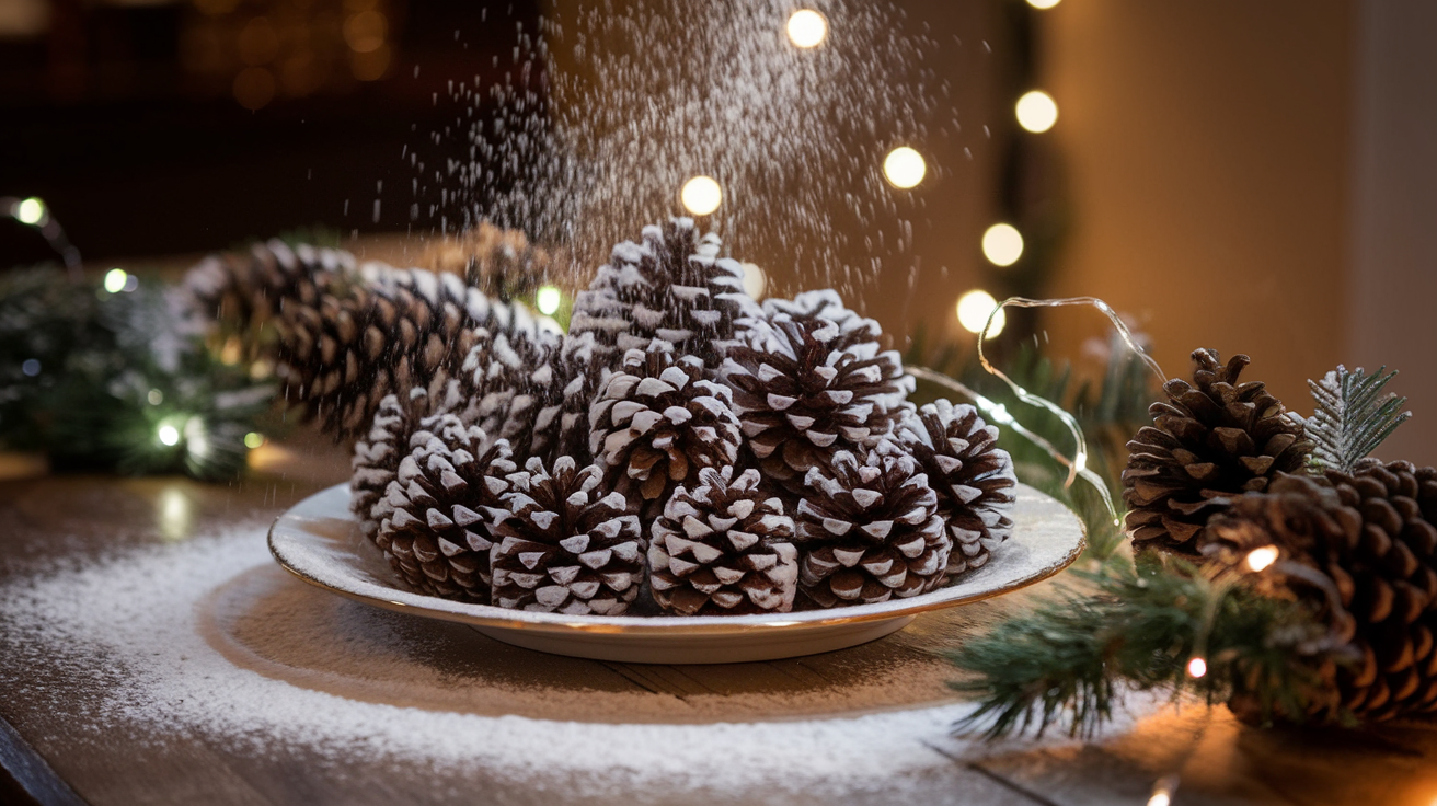 A plate of snowy chocolate pinecone treats decorated with festive ornaments