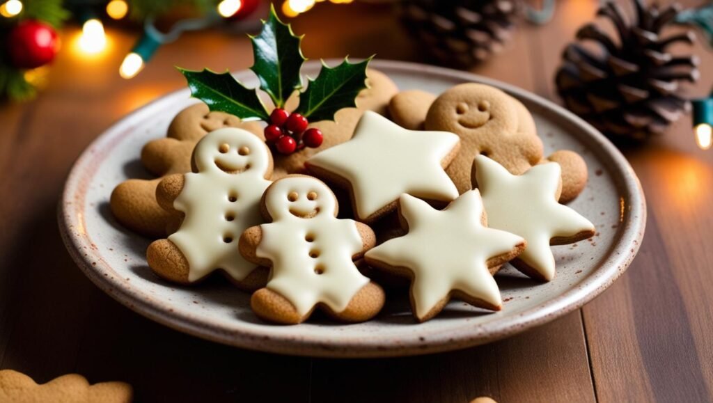 A plate of soft gingerbread cookies topped with a shiny maple glaze. The cookies are decorated in holiday shapes, such as gingerbread men and stars, with a smooth, pale glaze. The scene features festive decorations like pinecones and holly, with Christmas lights in the background.