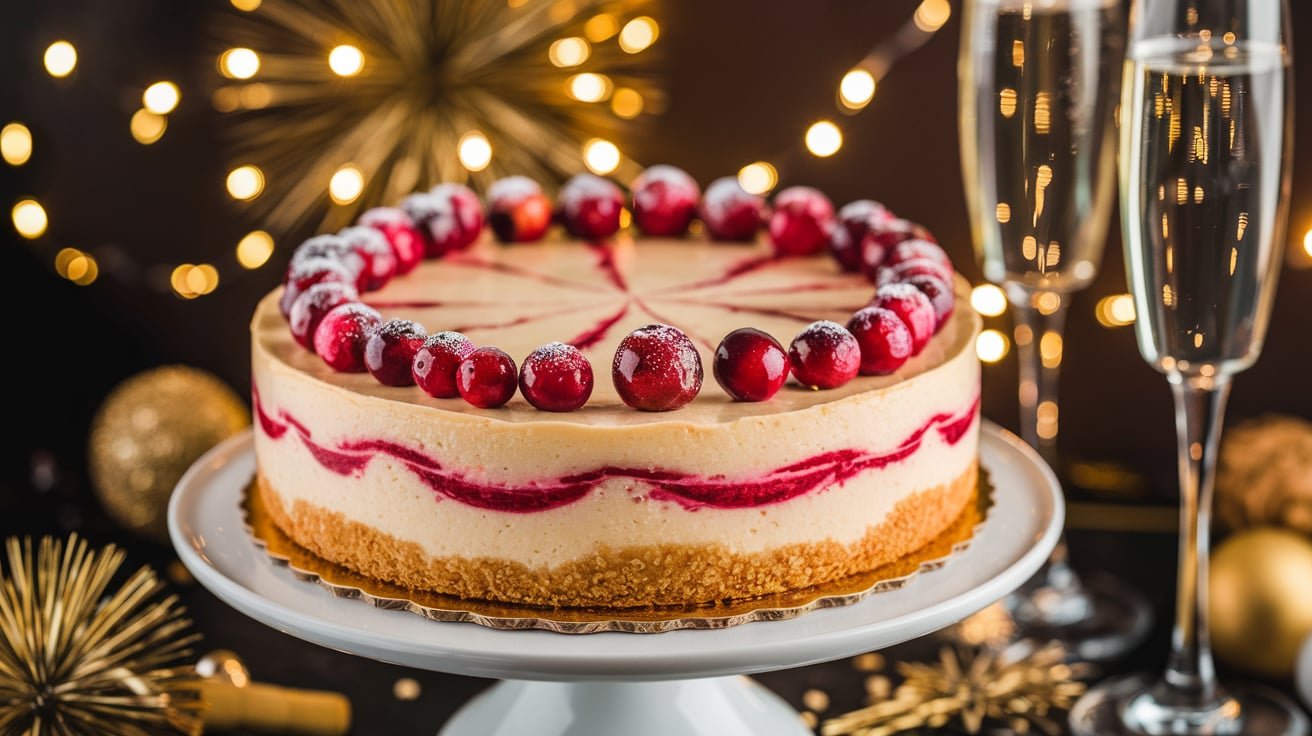 A festive cranberry cheesecake surrounded by fresh cranberries and champagne flutes, set against a backdrop of holiday lights.