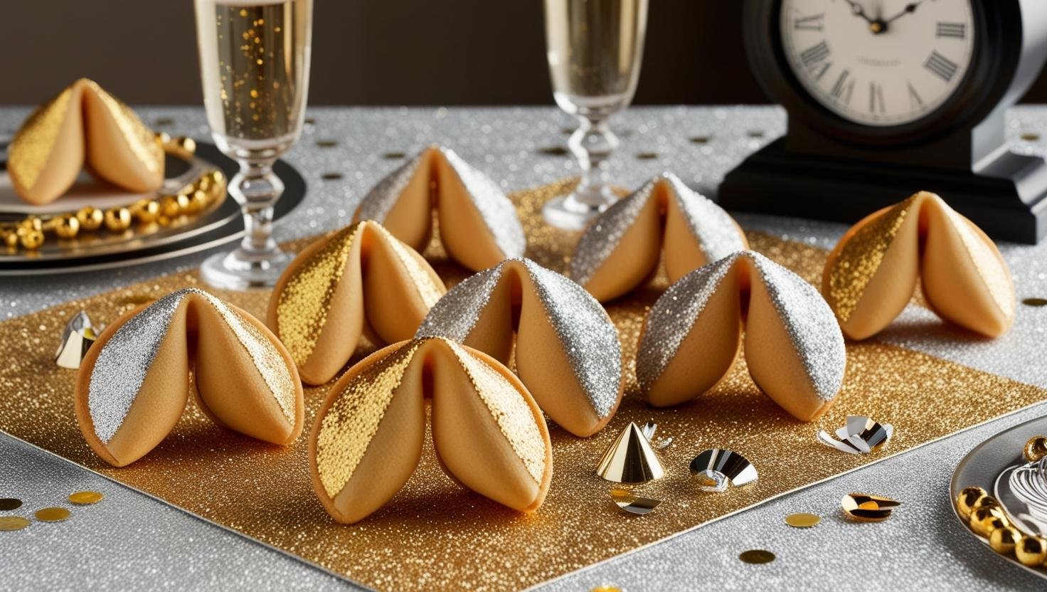 Glitter dipped fortune cookies arranged on a sparkling golden surface with confetti and ribbons. 