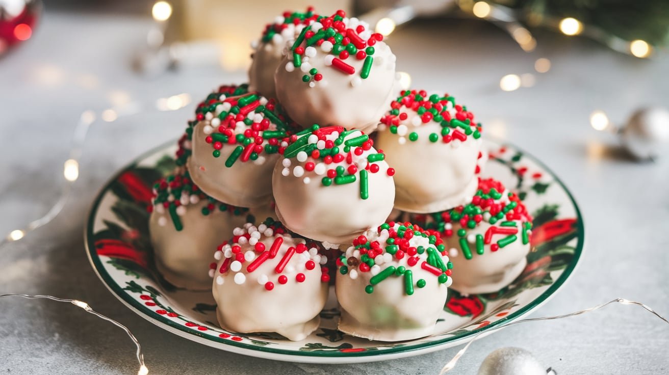 A plate of festive sugar cookie truffles decorated with sprinkles