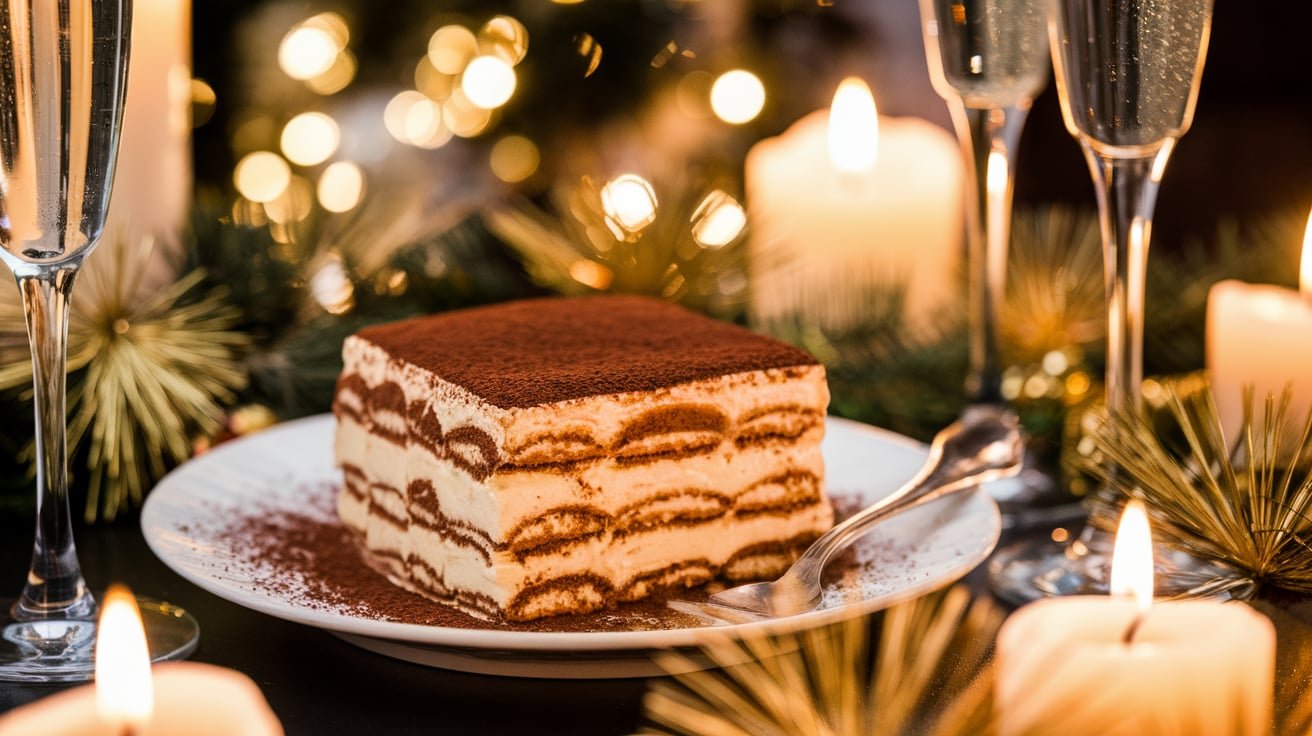 A beautifully layered tiramisu on a plate, surrounded by champagne glasses and festive decorations, perfect for New Year's Eve.