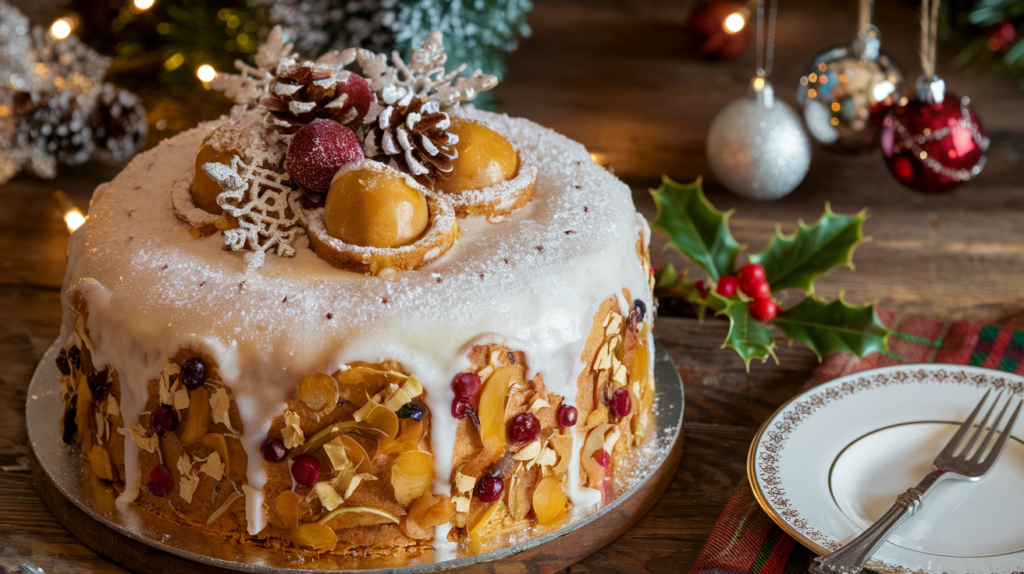 A Traditional British Christmas Plum Cake with white icing, dried fruits, and festive decorations on a wooden table.