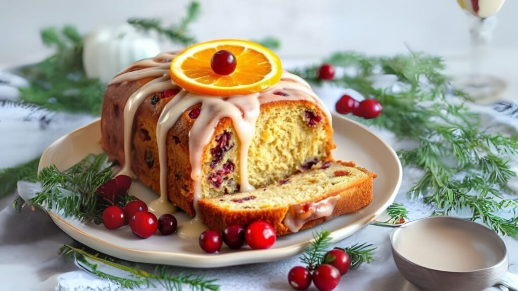 A slice of cranberry orange pound cake topped with glaze and garnished with an orange slice and cranberries.