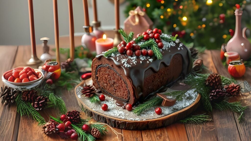 Delicious Chocolate Yule Log decorated with berries and greenery, set against a festive background