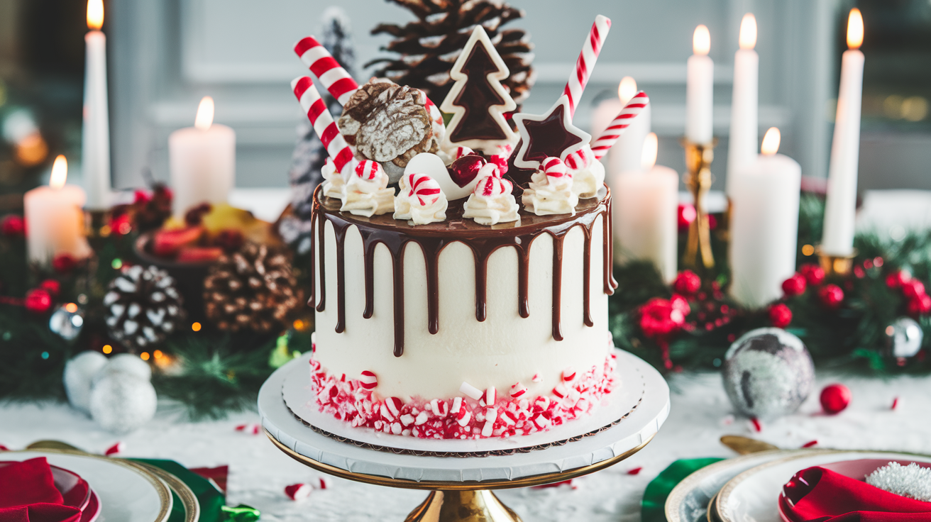A beautifully decorated White Chocolate and Peppermint Drip Cake with candy canes and festive red decorations.