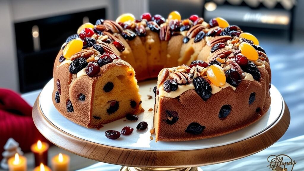 A beautifully presented rich rum fruitcake decorated with blackberries and cinnamon sticks, set on a wooden pedestal.