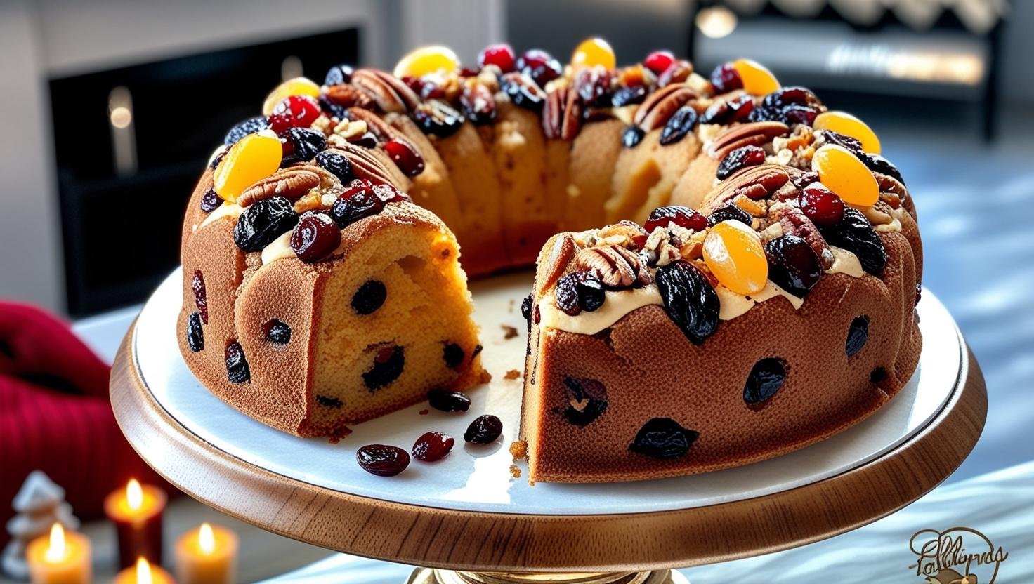 A beautifully presented rich rum fruitcake decorated with blackberries and cinnamon sticks, set on a wooden pedestal.