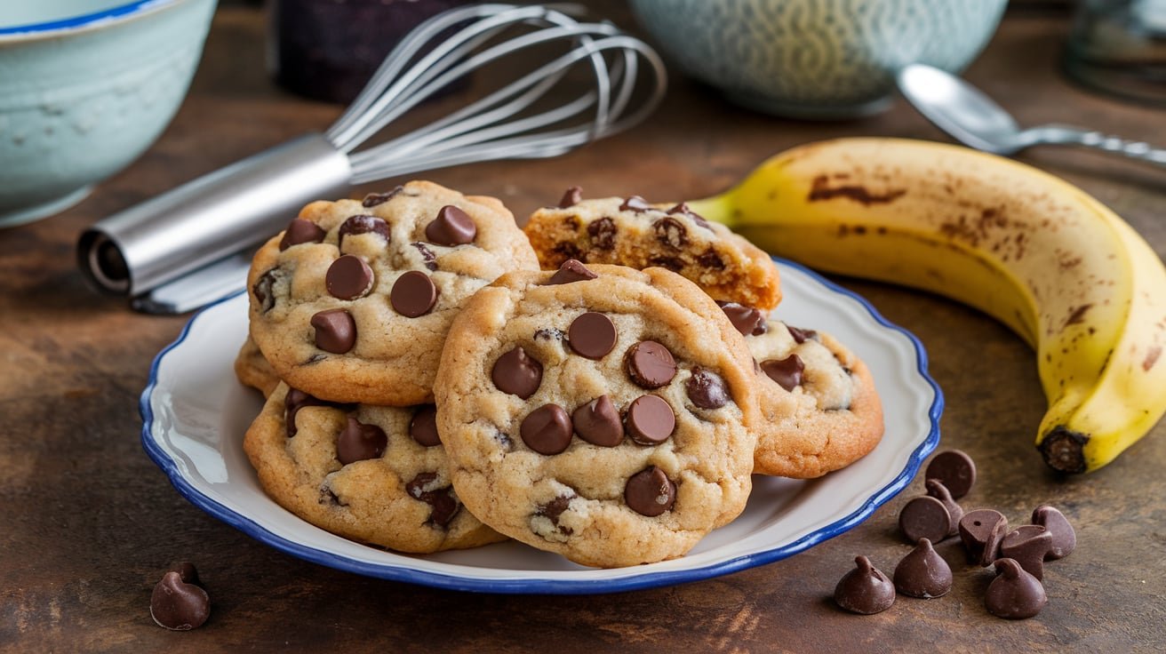 Plate of banana bread chocolate chip cookies with bananas in the background.