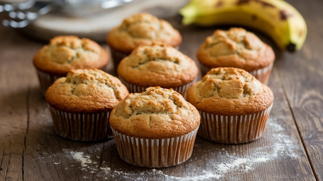 A batch of freshly baked banana muffins on a cooling rack with bananas beside them.