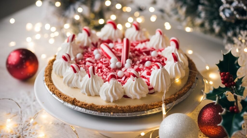 Candy Cane Pie with a creamy filling and topped with red and white peppermint candies.