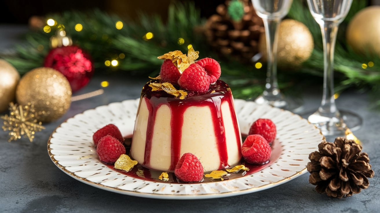 A beautiful plate of champagne panna cotta topped with raspberry coulis and fresh raspberries, surrounded by champagne glasses.
