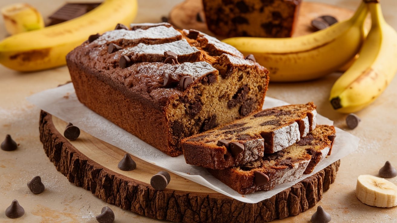 A freshly baked chocolate chip banana bread loaf with chocolate chips on top, placed on a wooden board with bananas in the background.