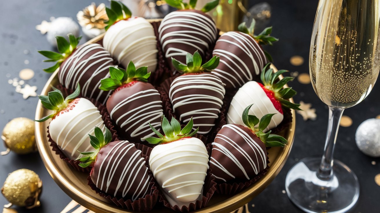 A platter of chocolate covered strawberries with festive decorations, perfect for New Year's Eve.