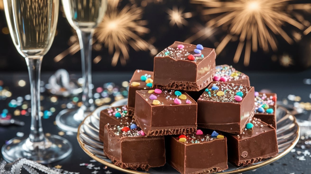 A plate of creamy chocolate fudge with sparkling champagne flutes in the background, set against a festive backdrop of holiday lights.