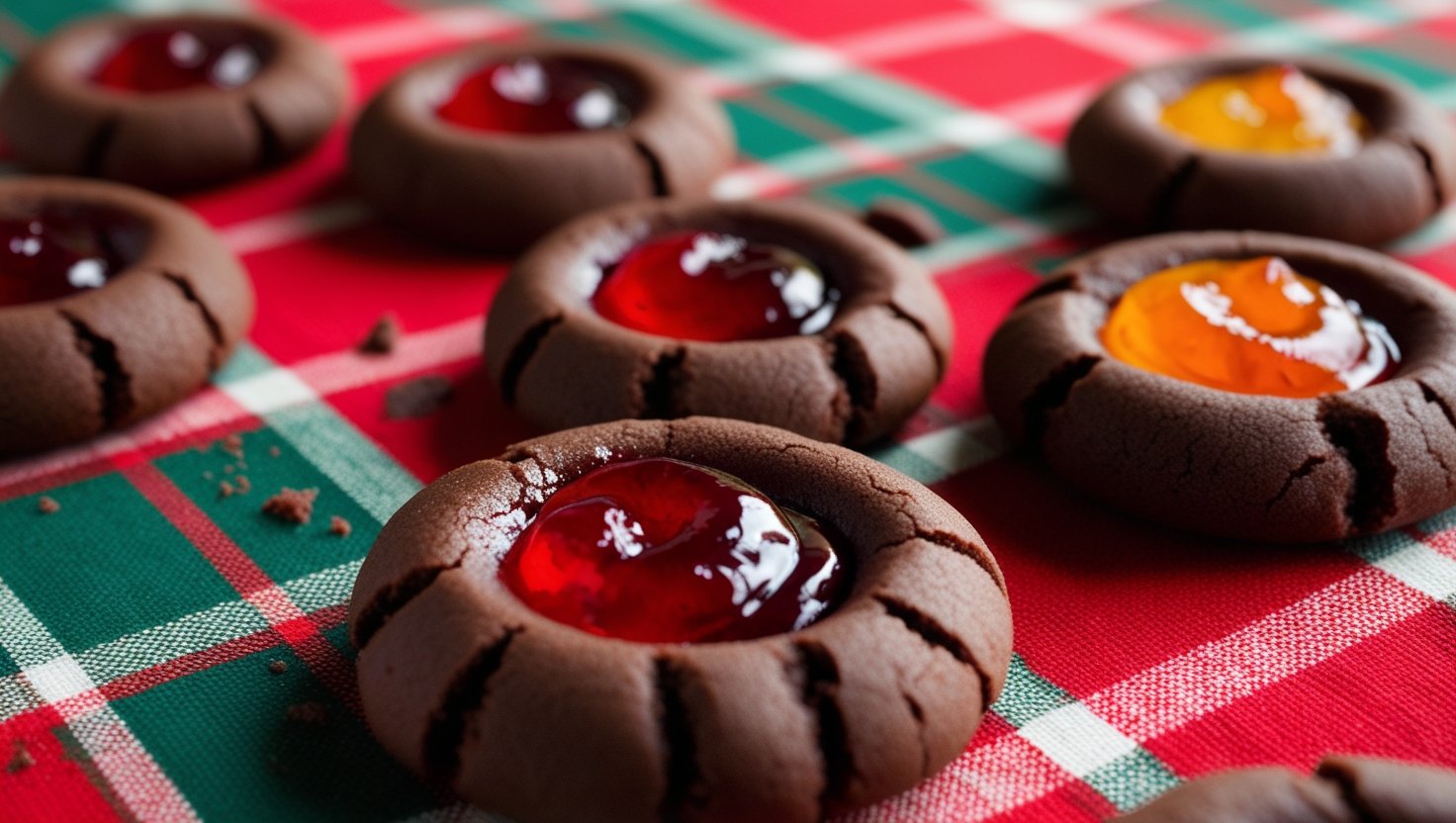 Close-up of chocolate thumbprint cookies filled with vibrant jams in red, orange, and golden hues, arranged on a red and green festive tablecloth.