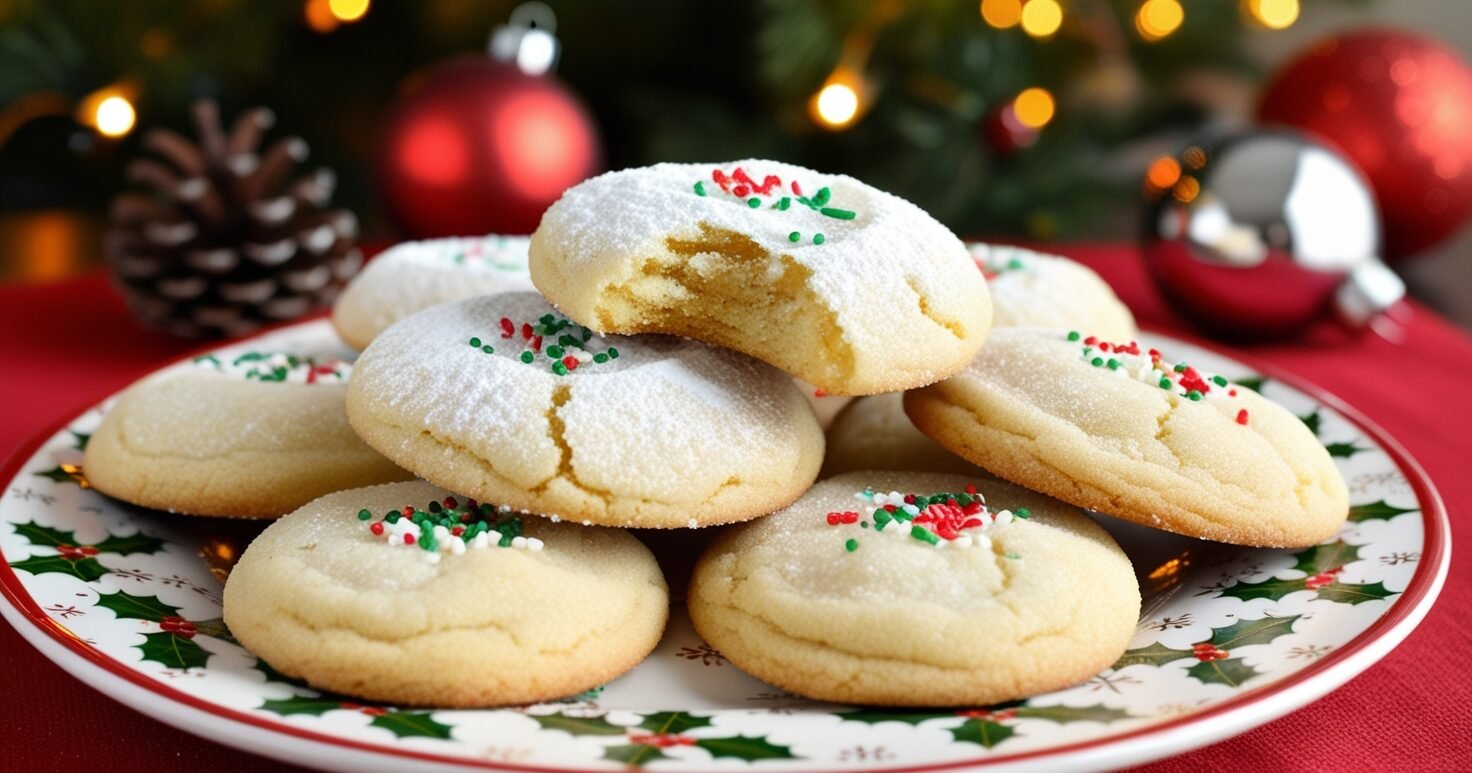 A close-up of a stack of Christmas Gooey Butter Cookies, decorated with powdered sugar and colorful sprinkles on a holiday-themed platter.